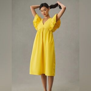 MAEVE ANTHROPOLOGIE Flutter-Sleeve Babydoll Midi Dress Yellow V Neck Casual Sz S